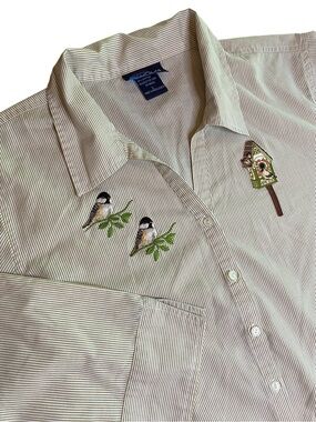 Las Olas Striped Button Down Top Women’s L Cottagecore Birds 90s Mom Grandmacore